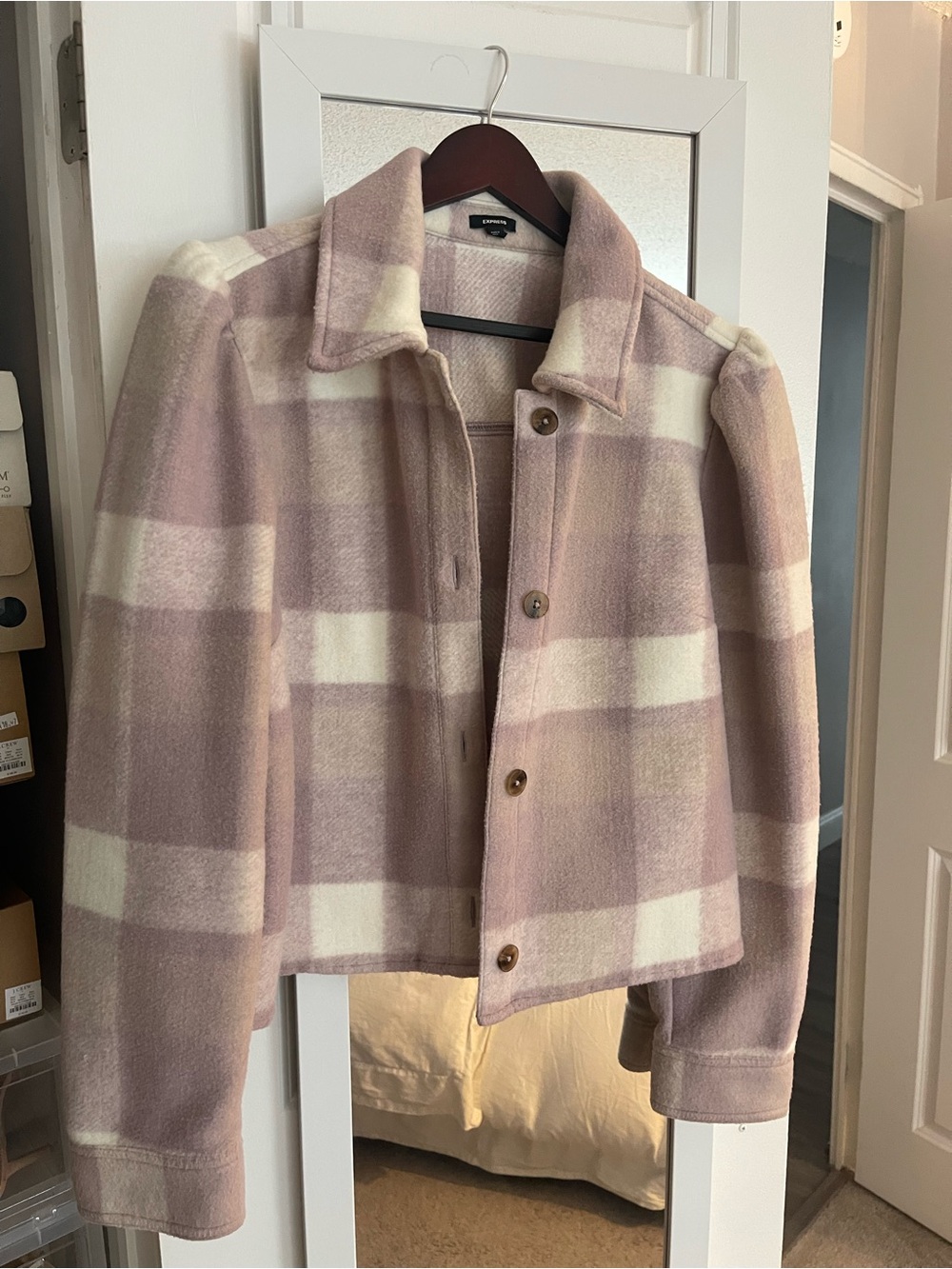 Express Plaid Button-Front Jacket in Soft Mauve and Cream Size Large